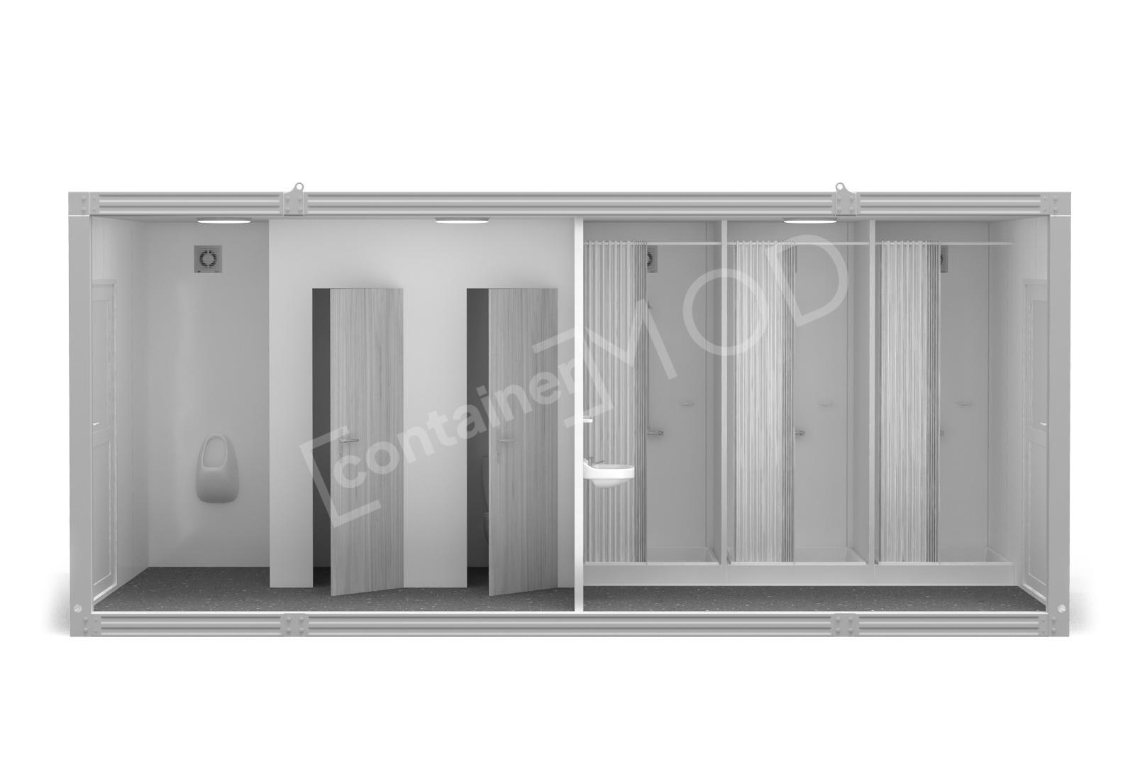 Container Sanitar 6m cu 3 Dusuri, 2 WC, 1 Pisoar Alb ContainerMod